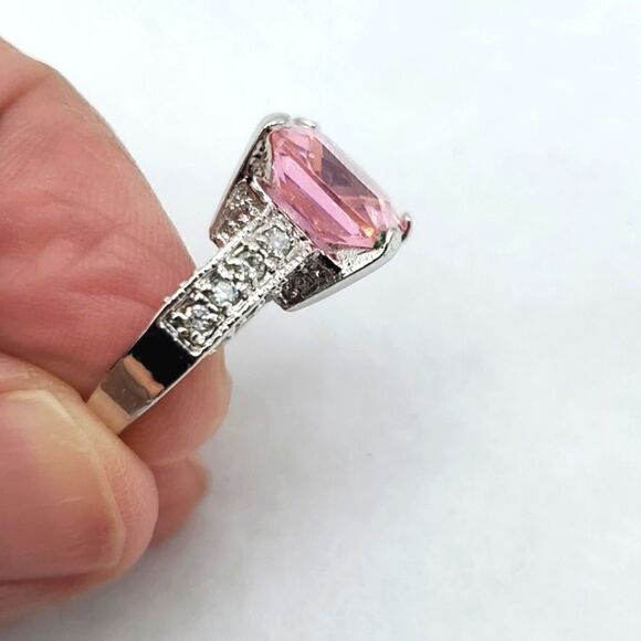 Vintage Sterling Silver Pink Sapphire CZ Princess Cut With Heart Pendant Sz 6 - Picture 8 of 17